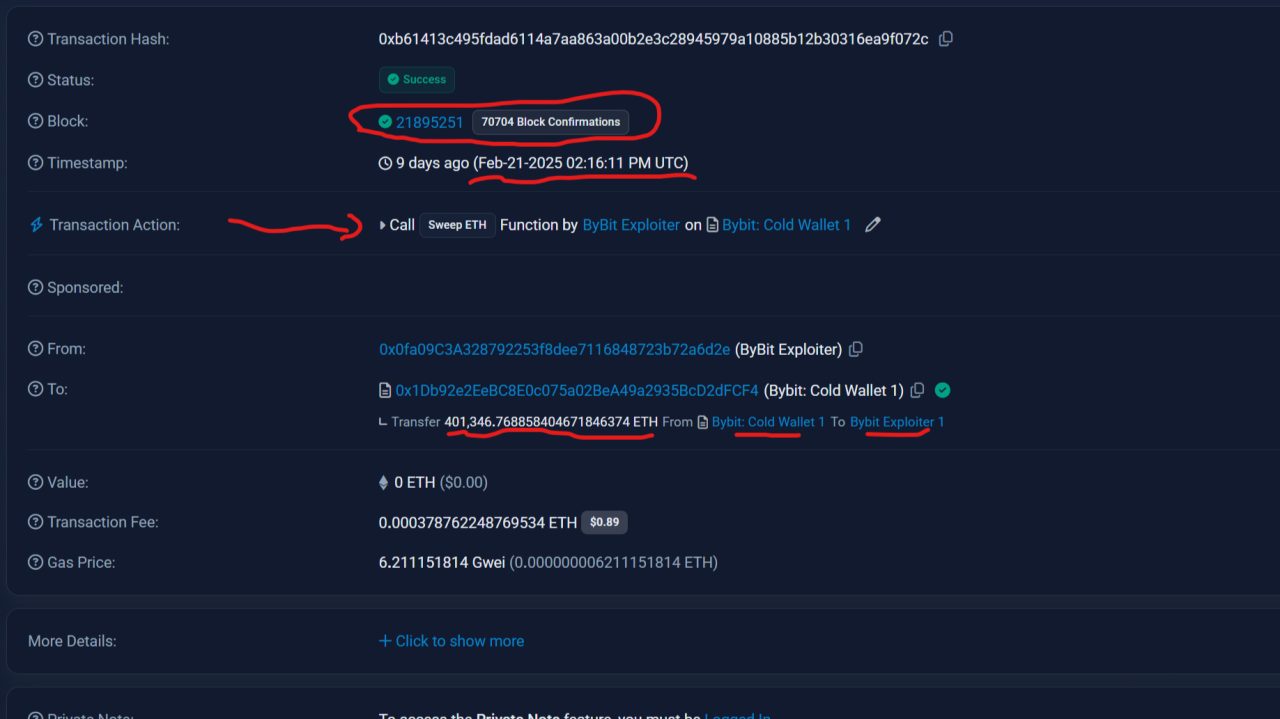 Etherscan record of the Bybit cold wallet transaction, showing 401,346.768858404671846374 ETH transferred out on 21 February 2025