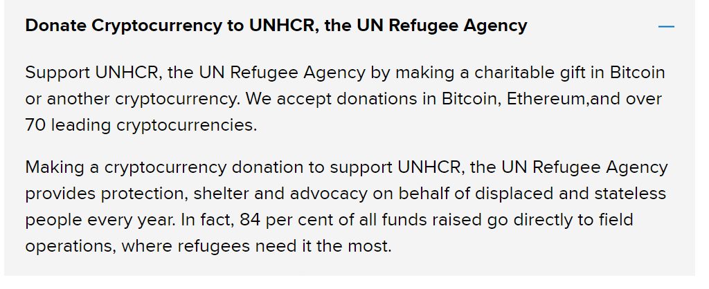 UNHCR, the UN Refugee Agency, accepting charitable donations in Bitcoin, Ethereum and over 70 other cryptocurrencies